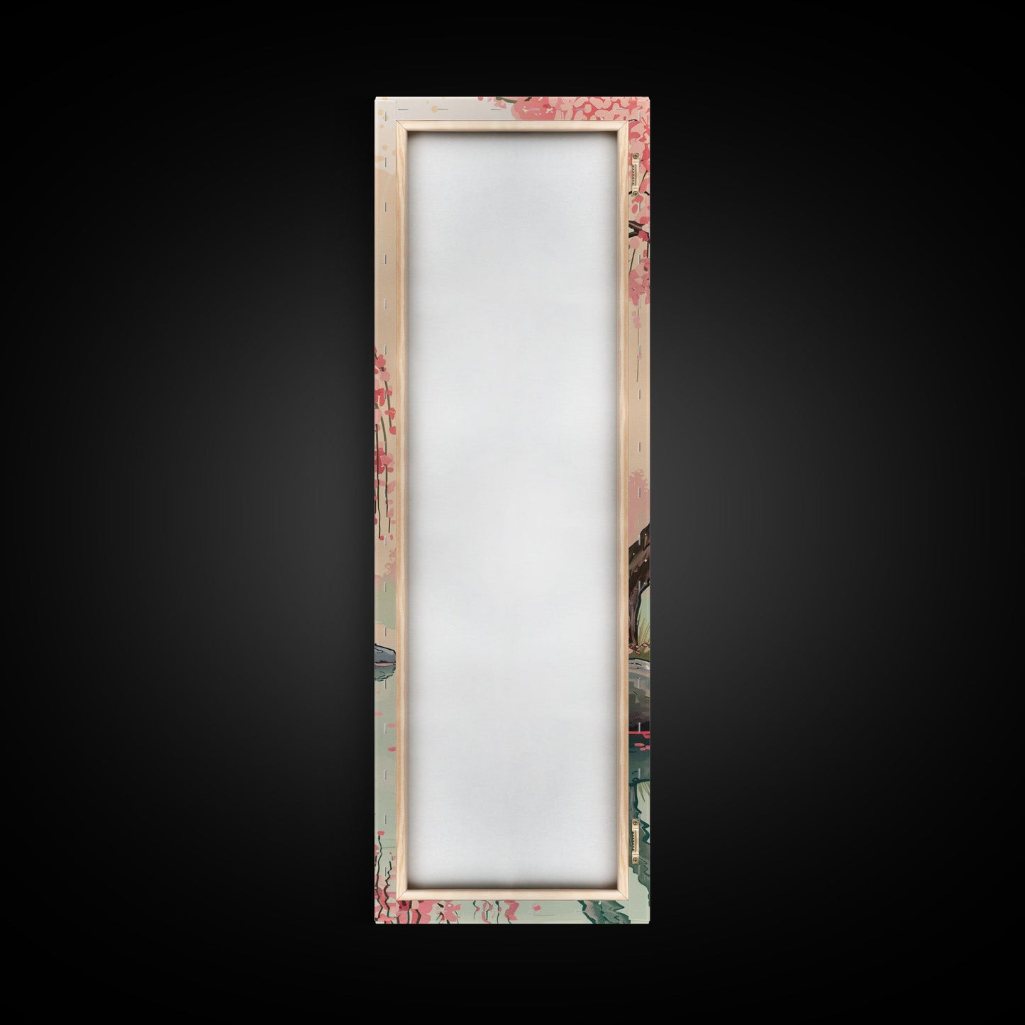 Serene Weeping Cherry Tree with Gentle Reflections in Water - Skinny Art, Japanese Wall Decor, Framed Canvas Print, Ukiyo-e Style