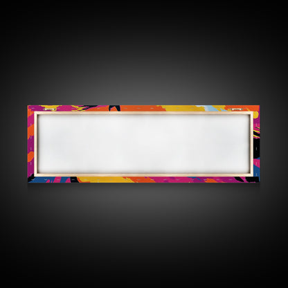 Horse silhouette, sunset, pink orange wall art, colorful equestrian, western art, extra wide art, framed canvas print, panoramic painting