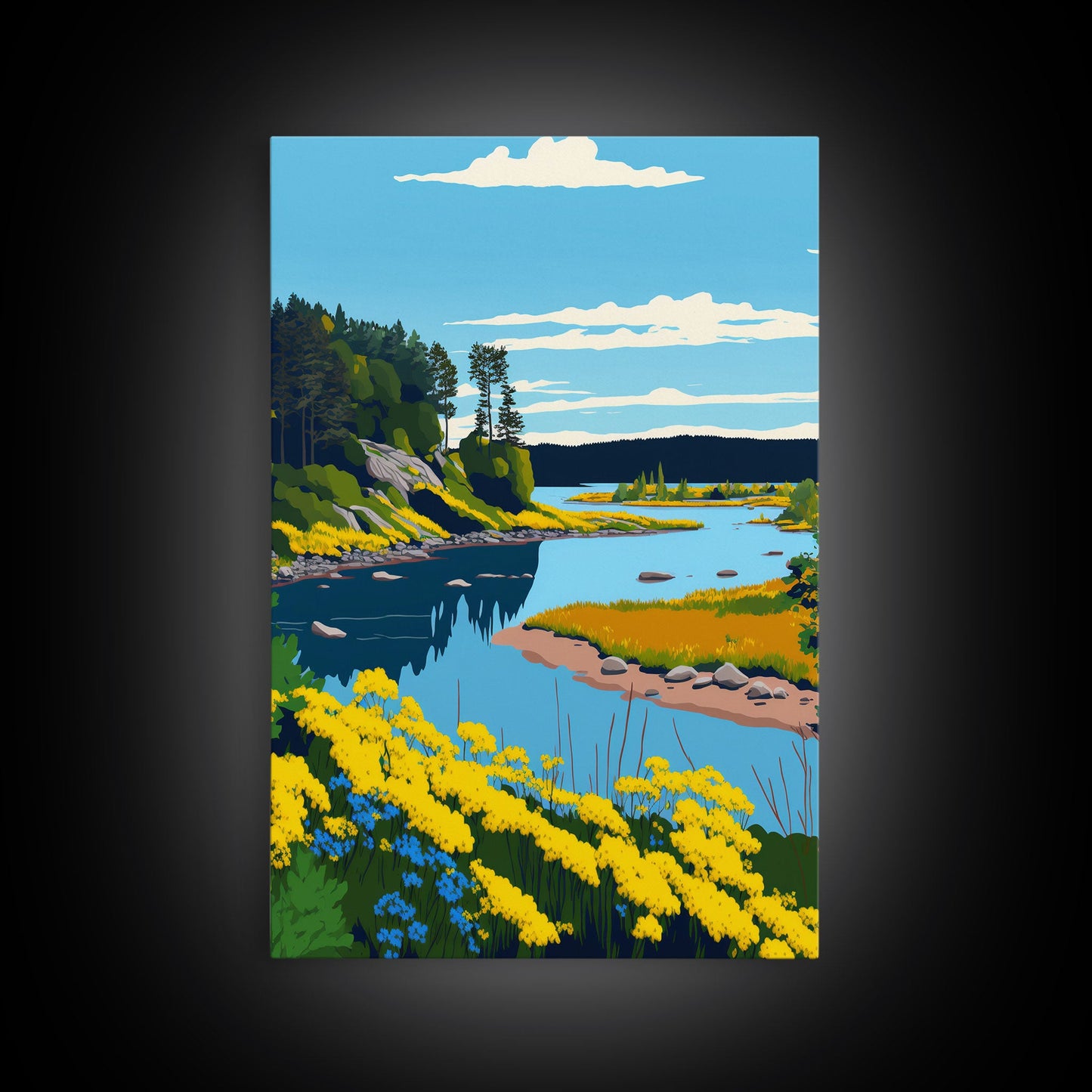 Colorful Pop Art Picture of a Stream, Framed Canvas Print, Surrealist High Contrast Cel Shaded Landscape Art