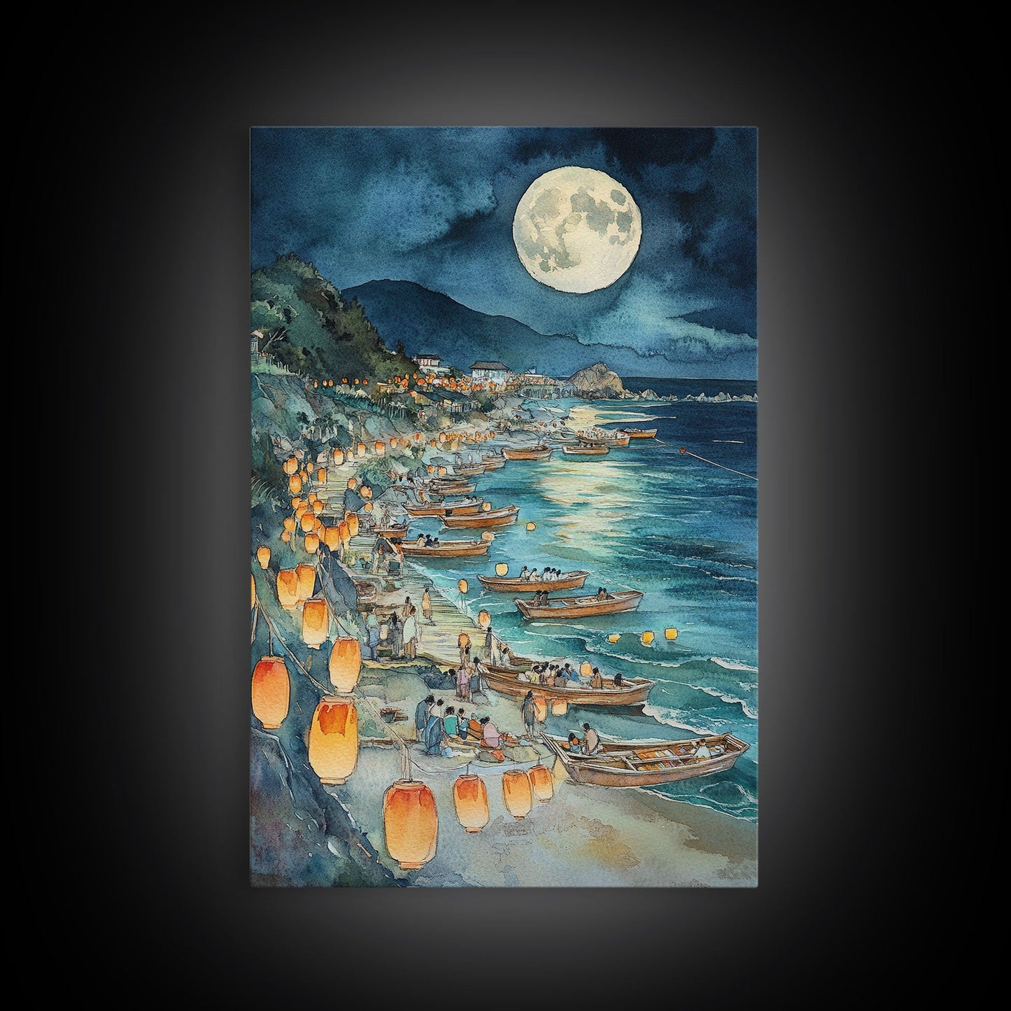 Japanese Paper Lamps Framed Canvas Print, Isamu Noguchi Akari Latern Festival, Christmas Decor