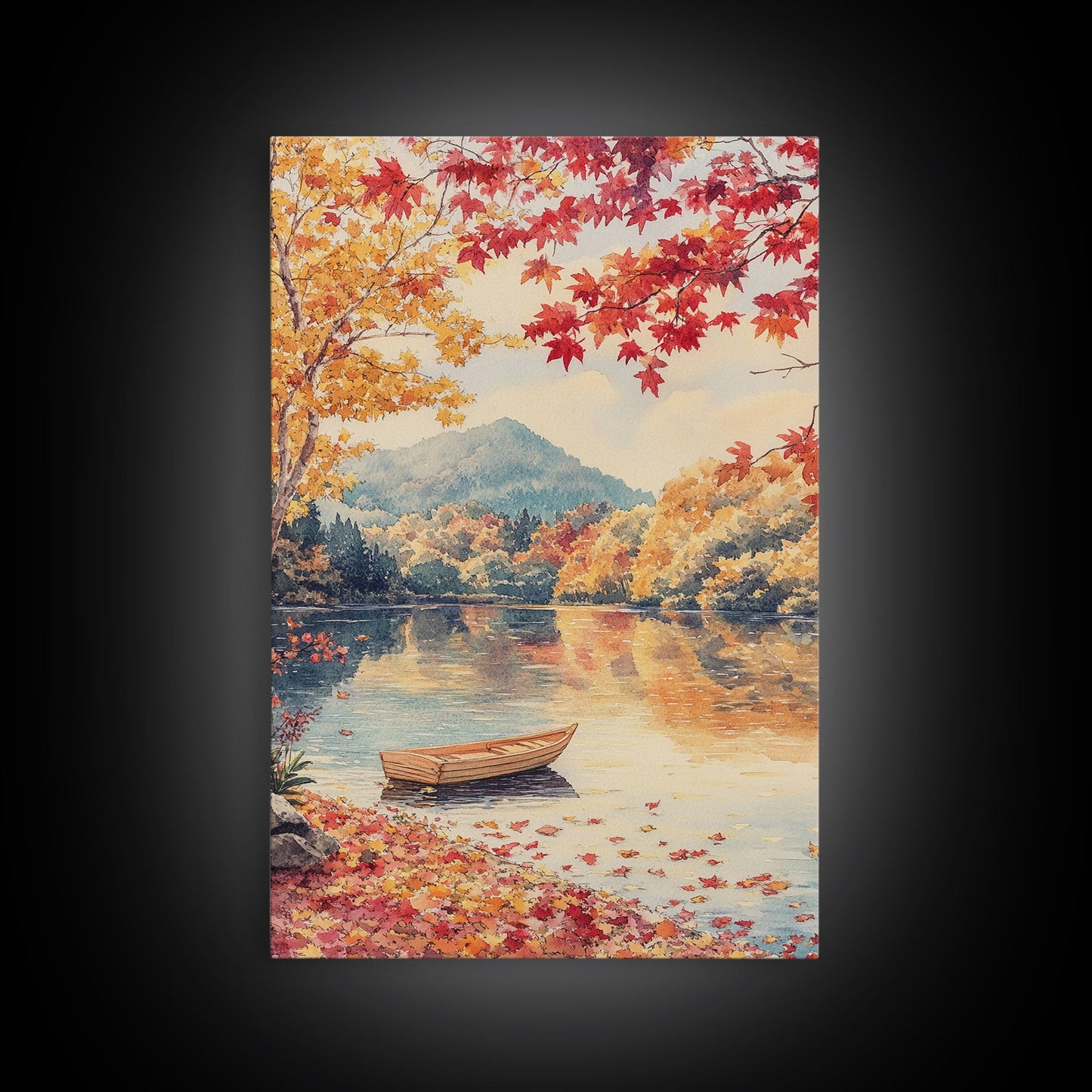 Canoe On A Serene Fall Lake, Framed Canvas Print, Autumn Decor, Fall Wall Art, Fall Poster, Autumn Prints Wall Art