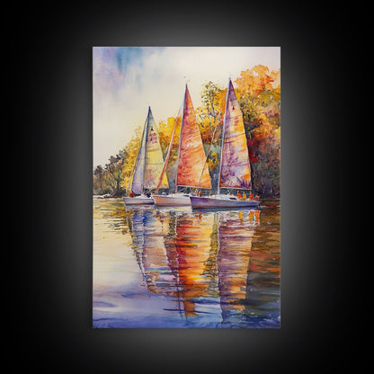 Colorful Sailboats Reflected On Water Framed Canvas Print Fall Nautical Wall Art Coastal Decor Best Gift Idea Holiday Wall Art