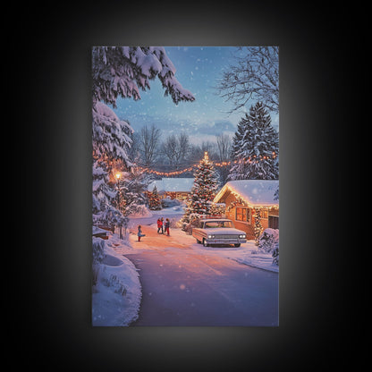 Classic Winter Christmas Neighborhood Framed Canvas Print Tall Art With Lights And Christmas Tree, Holiday Wall Art Home Decor