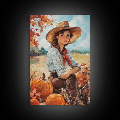 Country fall harvest framed canvas print pumpkins and a serene autumn landscape perfect seasonal wall art for rustic farmhouse home decor