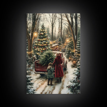 Rustic Christmas Tree Farm with Red Truck in Snowy Forest, Ideal Farmhouse Christmas Decor for Holiday Wall Art, Framed Canvas Print