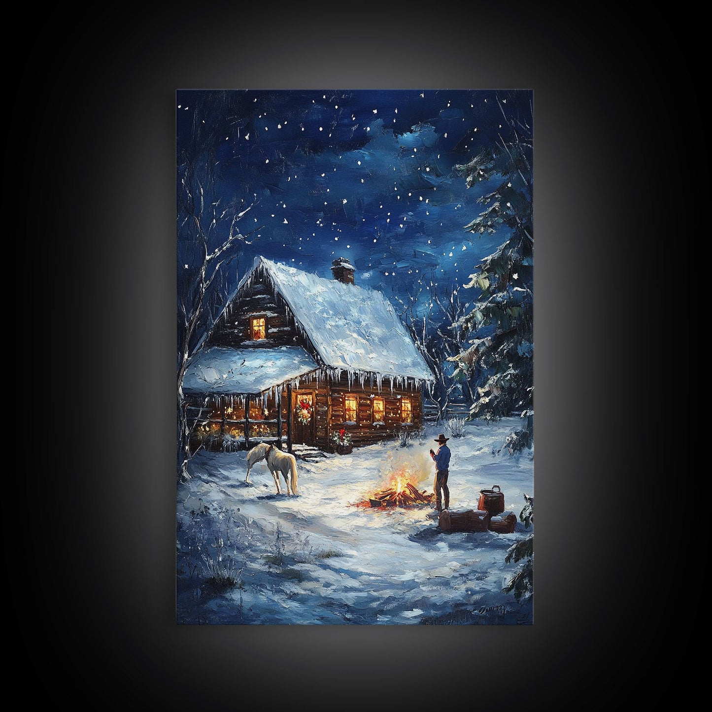 Cowboy Christmas by the Fire Framed Canvas Print, Western Holiday Decor with Snowy Cabin, Cozy Art Perfect for Rustic Christmas Winter Decor