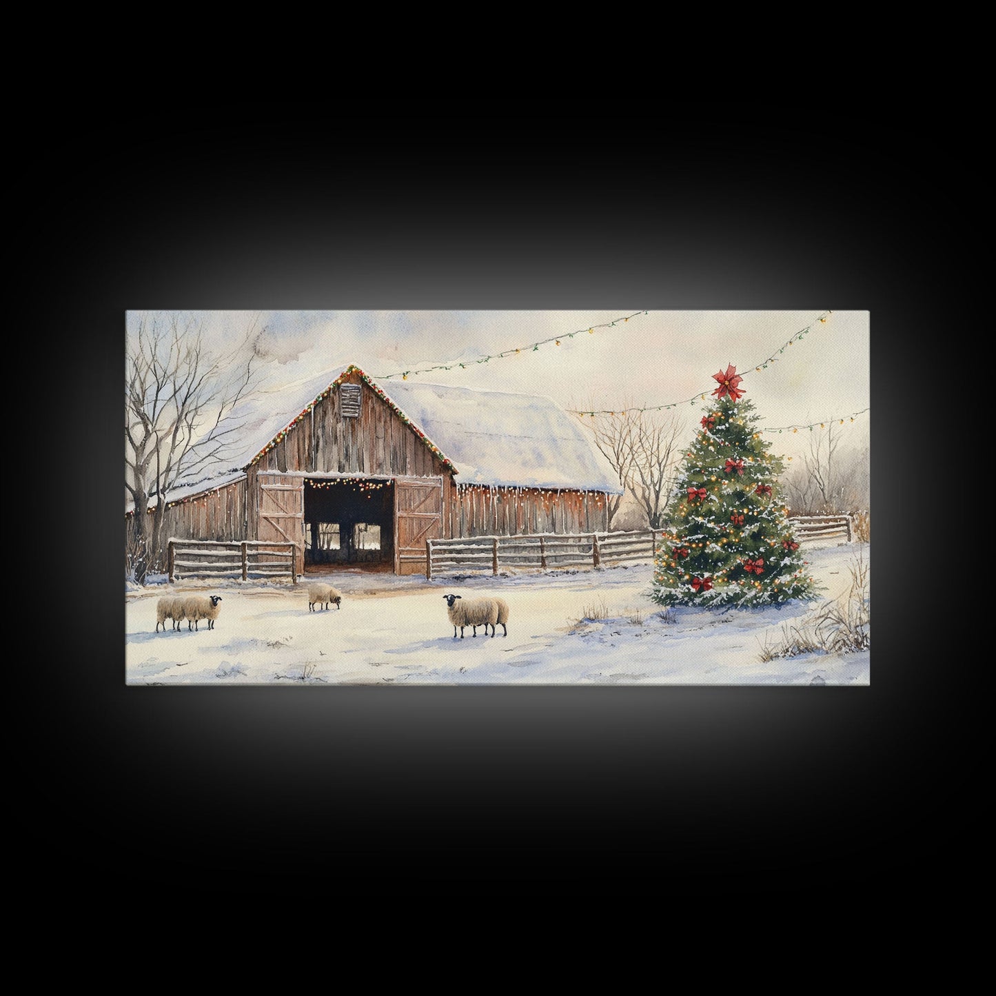 Christmas Barn Snow Sheep Canvas Print Christmas Farmhouse Decor Rustic Christmas Wall Art Framed Canvas Print Christmas Outdoor Decor
