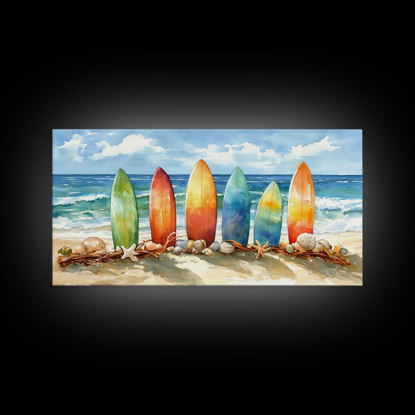 Colorful surfboards Christmas wall art, beach holiday decor, coastal Christmas art, framed canvas print, tropical Christmas art gift