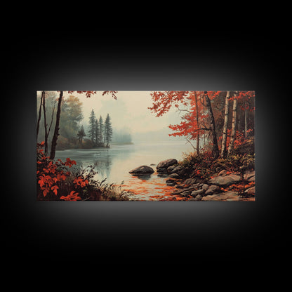 Fall On The River, Rustic Landscape Painting, Primitive Wall Art, Framed Canvas Print, retro festive holiday wall art Christmas decor