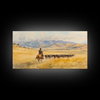 Cowboy On Snowy Path Framed Canvas Print Tall Art Winter Wonderland Western Christmas Decor Rustic Winter Wall Art Gift Cowboy Holiday Gift