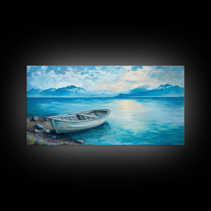 Boat on Tranquil Lake Canvas Print Coastal Landscape Art Nautical Wall Art Rustic Decor Above Sofa Artwork Bedroom Art Original Painting