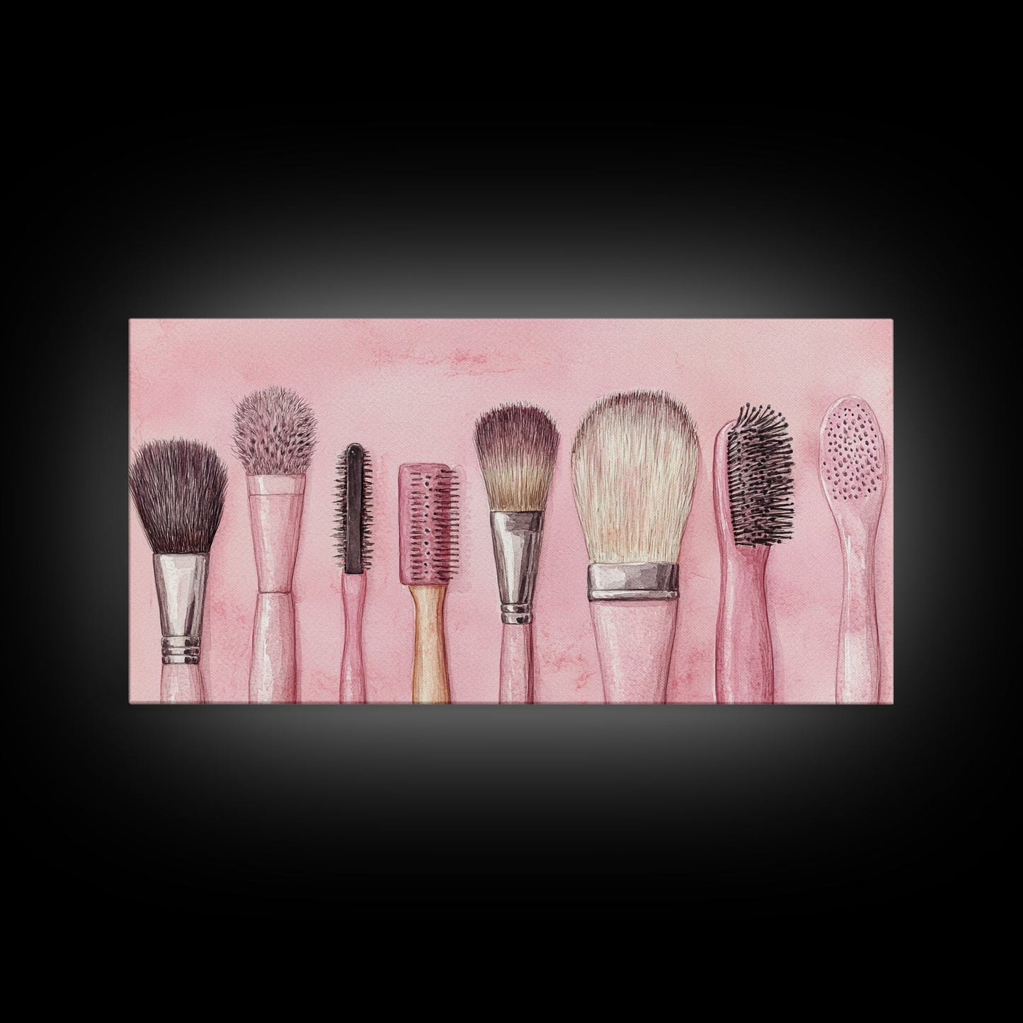 Makeup Brush Art Framed Canvas Print, Light Pink Chinoiserie Wall Art Whimsical Decor, Minimalist Art Rustic Wall Gift Idea