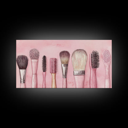Makeup Brush Art Framed Canvas Print, Light Pink Chinoiserie Wall Art Whimsical Decor, Minimalist Art Rustic Wall Gift Idea