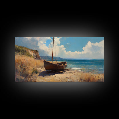 Rustic Sailboat Framed Canvas Print Nautical Wall Art Coastal Landscape Art Barn Landscape Oil Painting Rustic Decor Above Sofa Art