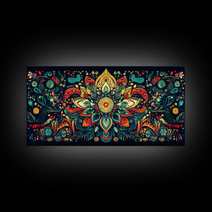 Elaborate Mandala Framed Canvas Print, Vibrant Boho Art, Spiritual Zen Wall Art, Geometric Ethereal Painting, Colorful Sacred Geometry