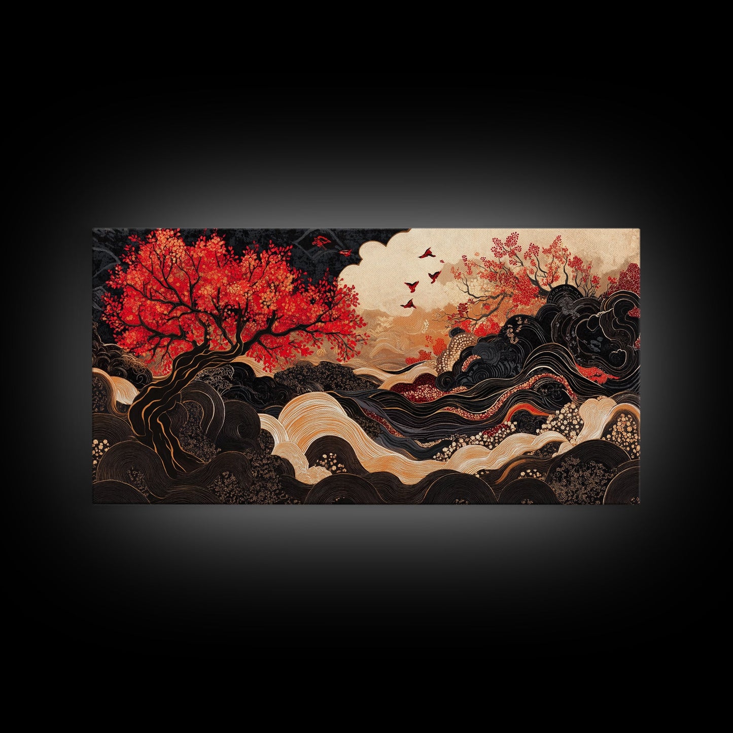 Japanese Inspired Framed Canvas Print Featuring Chinoiserie Wall Art and Autumn Tree Painting Unique Horizontal Living Room Art