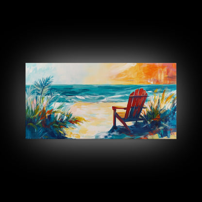 Beach Chair, Coastal Painting, Nautical Wall Art, Ocean Painting, Seascape Painting, Framed Canvas Print, Extra Wide Art, Coastal Decor