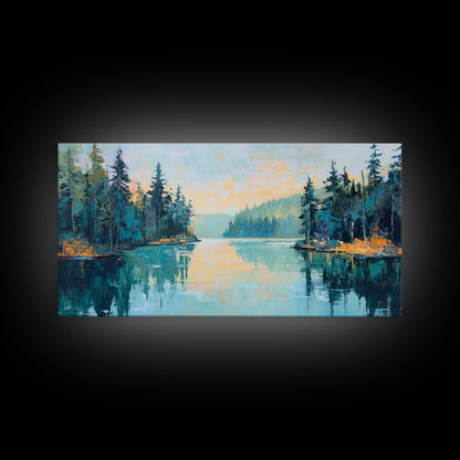 Tranquil Lake, pine tree art, landscape painting, smoky mountain art, panoramic painting, nature painting, Framed Canvas Print