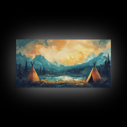 Teepee Camp, southwest wall art, landscape painting, mountain painting, rustic decor, moody art, Framed Canvas Print, panoramic painting