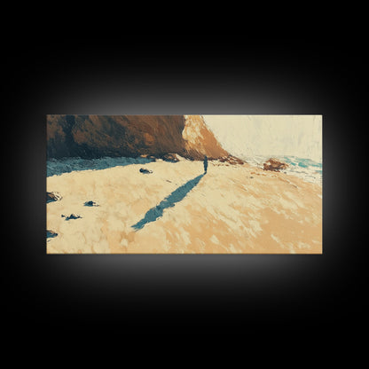 Lone Beach Wanderer, Framed Canvas Print, landscape painting, moody art, wabi sabi wall art, extra wide art, above bed wall art