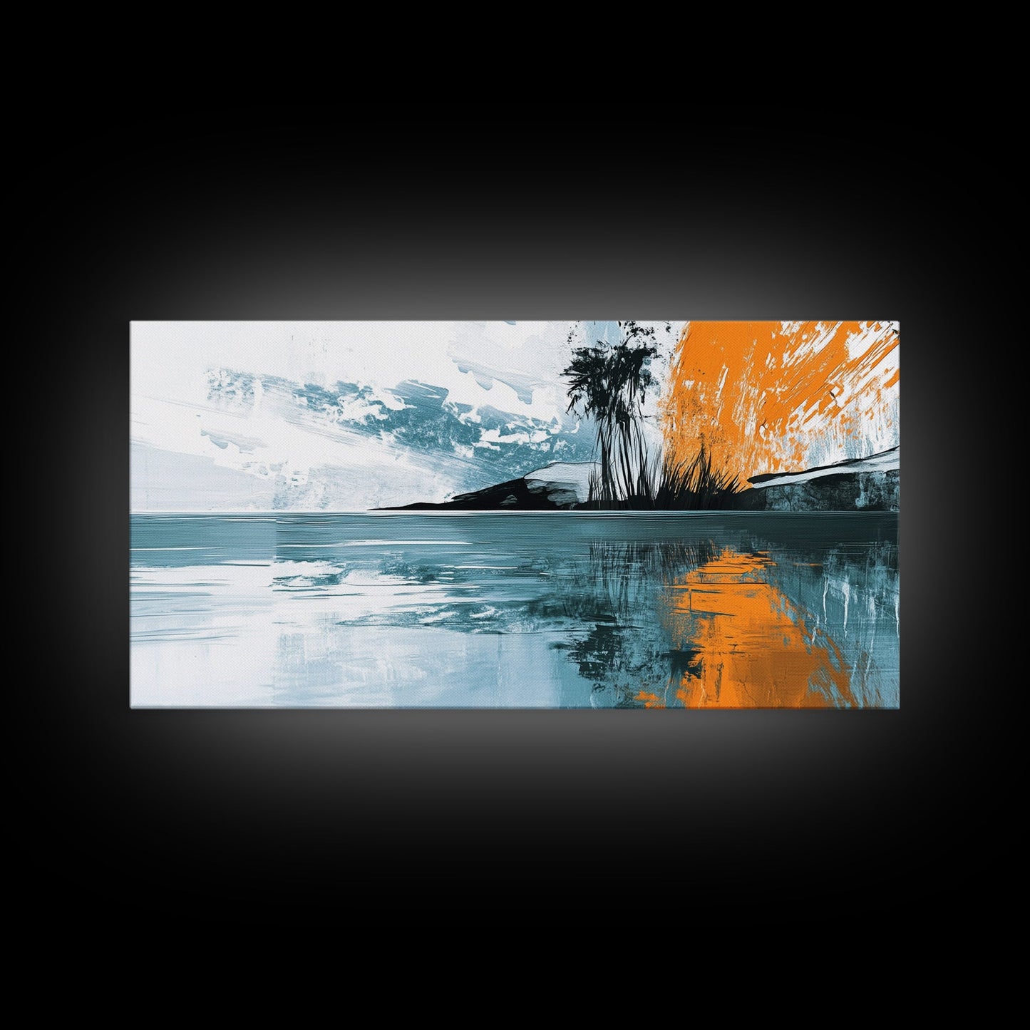 Palm Reflection, tropical coastal art, framed canvas print, coastal cowgirl wall art, panoramic painting, modern abstract art