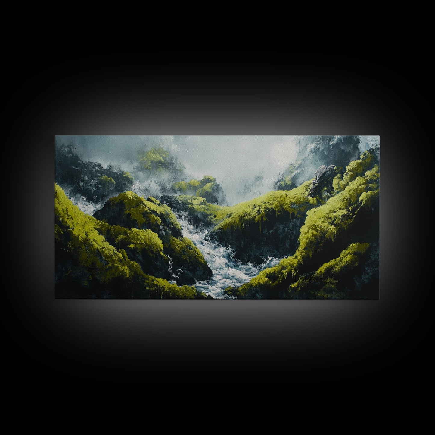 Waterfall Moss, green wall art, framed canvas print, mountain painting, zen wall art, rustic decor, original painting, above couch art