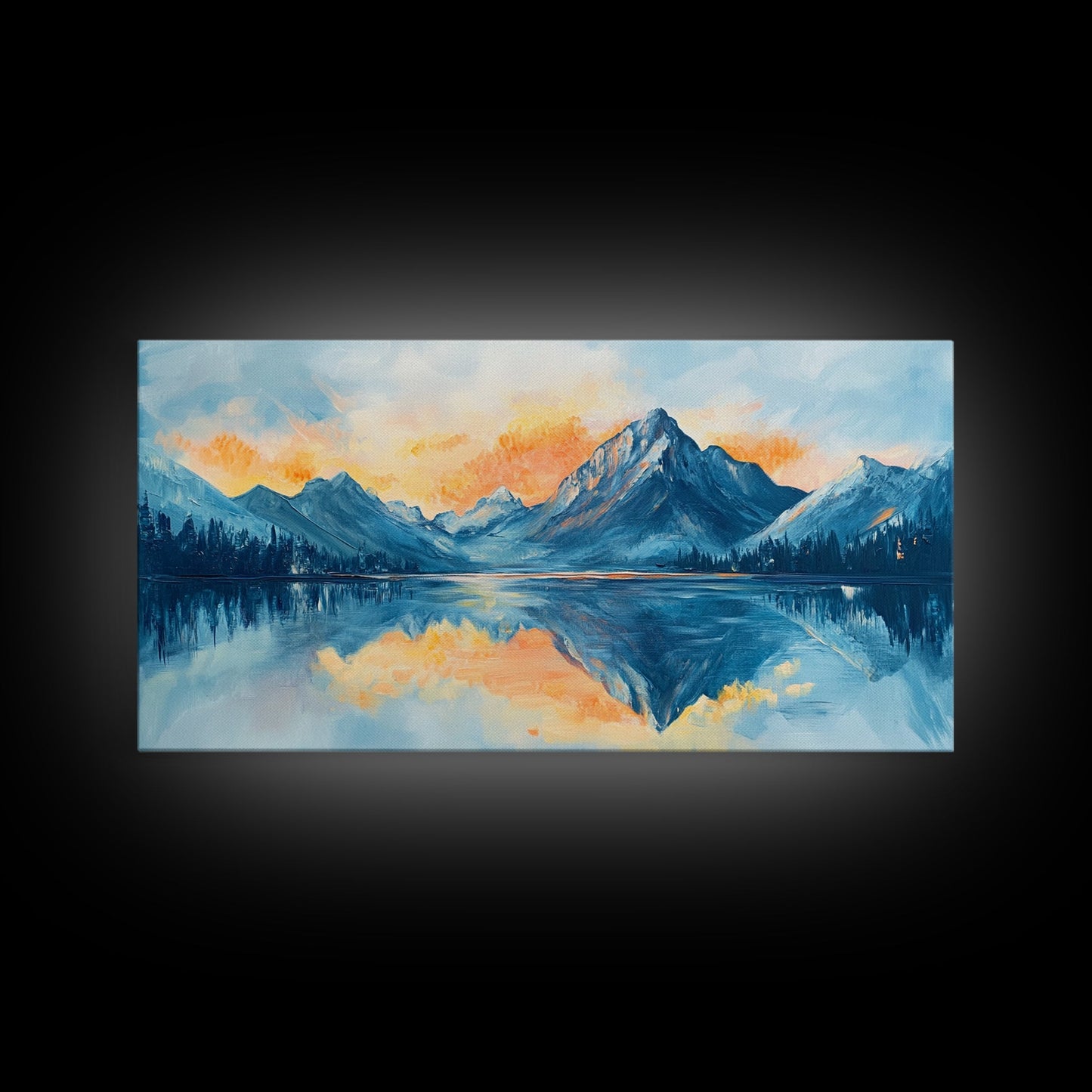 Lake Reflection, Sunset Mountains, Panoramic Art, Framed Canvas Print, Mountain Painting, Lake Art, Horizontal Wall Art, Bedroom Art