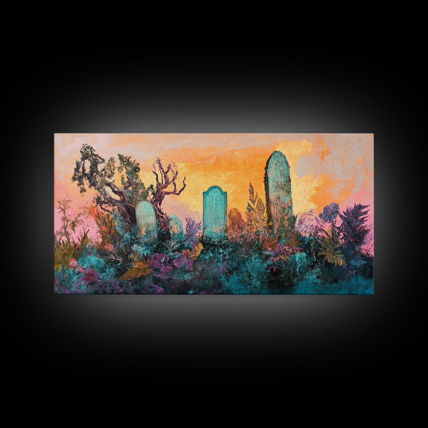 Dark romance painting, gothic art, framed canvas print, extra wide art, Halloween decor, whimsical art, spooky graveyard painting