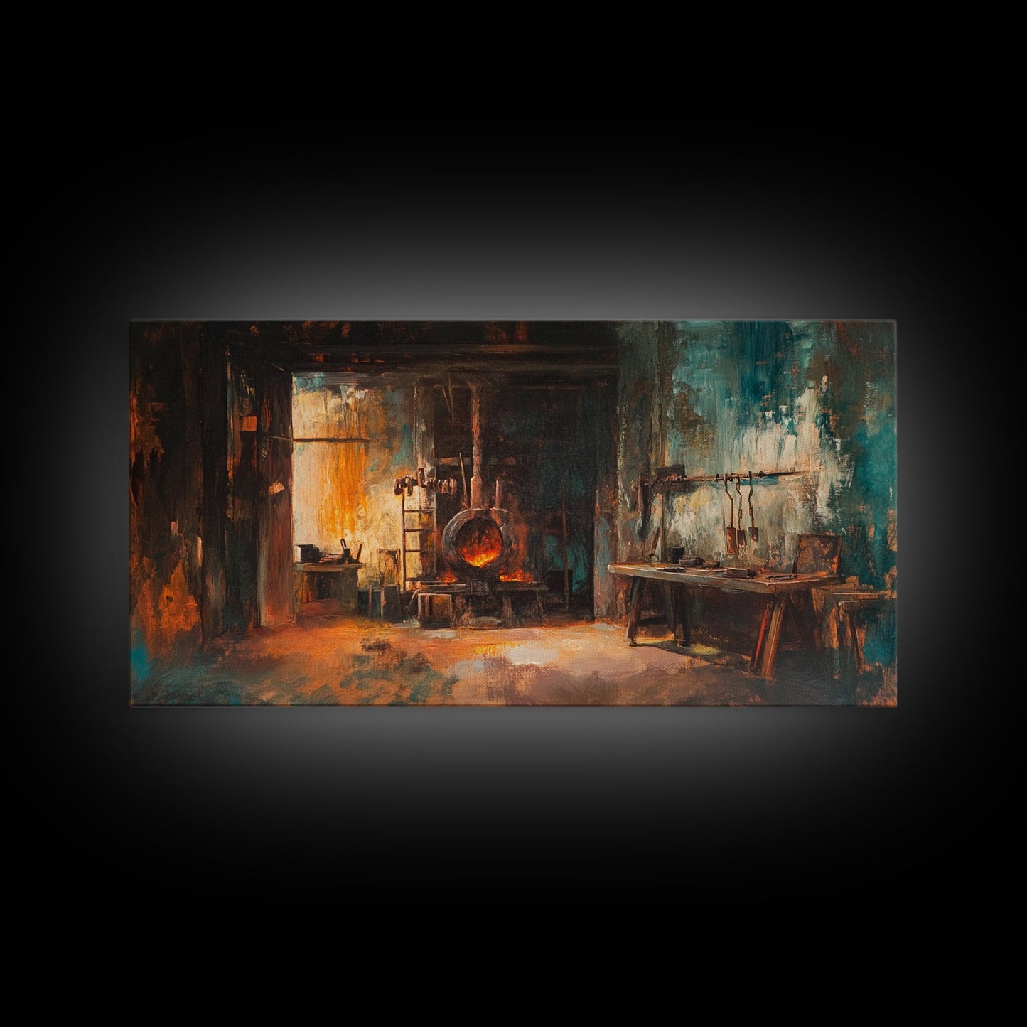 Rustic forge, blacksmith, industrial art, dark romance painting, vintage art, moody art, framed canvas print, horizontal wall art, gift idea