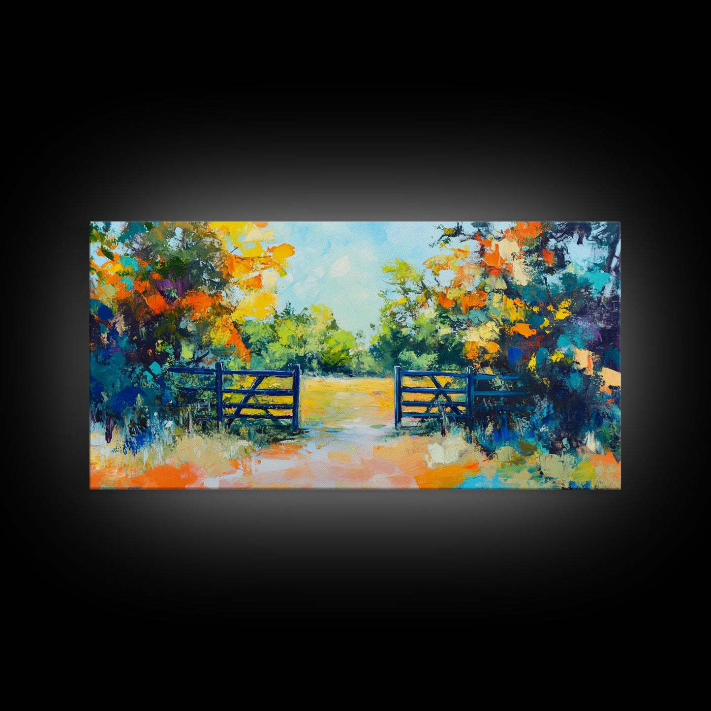Open Gate, countryside painting, landscape art, framed canvas print, autumn wall art, farmhouse decor, rustic art, extra wide art