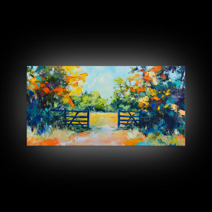 Open Gate, countryside painting, landscape art, framed canvas print, autumn wall art, farmhouse decor, rustic art, extra wide art