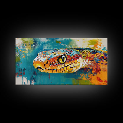 Colorful Snake, wildlife painting, framed canvas print, reptile wall art, bold abstract art, extra wide art, rustic decor