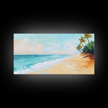 Tropical Beach, Coastal Landscape Art, Nautical Decor, Coastal Cowgirl Wall Art, Framed Canvas Print, Blue and Green Wall Art