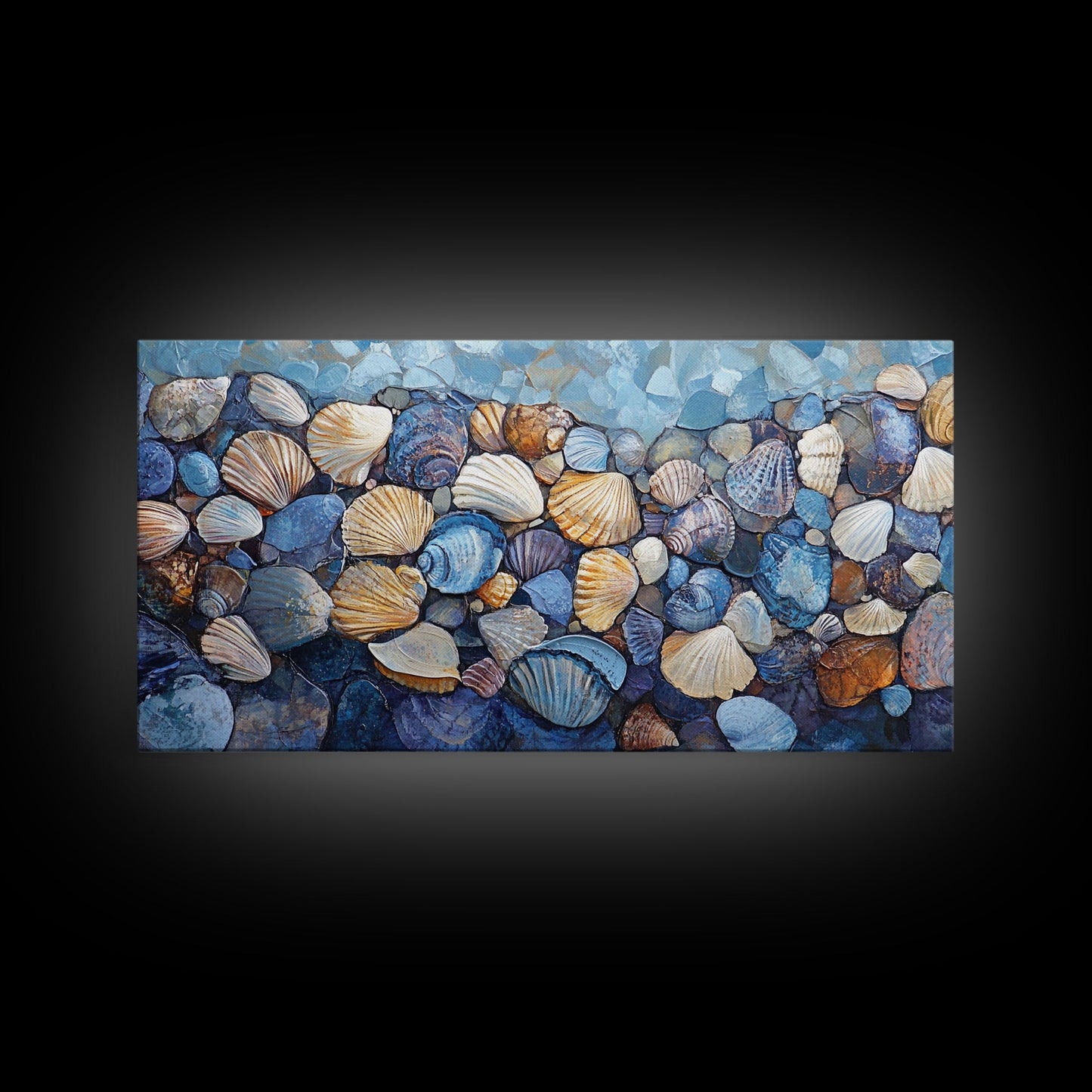 Seashell Beach Art, coastal wall art, oyster shell painting, blue and green wall art, framed canvas print, extra wide art