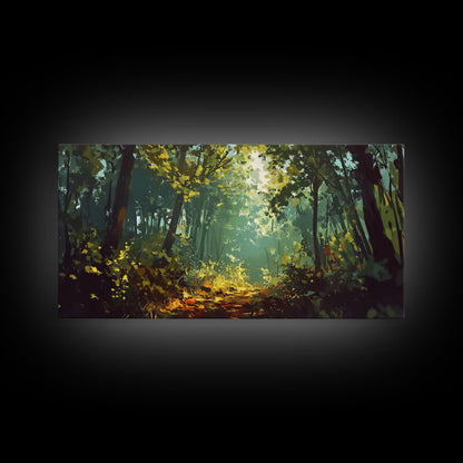 Forest Path, Sunlit Trees, Green Wall Art, Nature Landscape, Panoramic Painting, Rustic Wall Art, Framed Canvas Print