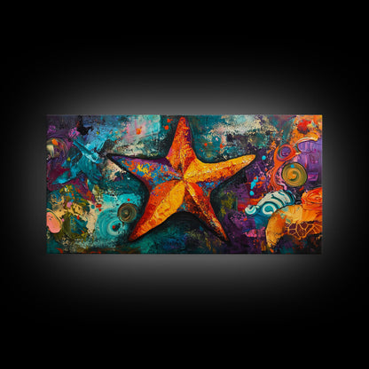 Vibrant starfish, coastal abstract, nautical decor, framed canvas print, ocean painting, coastal painting, whimsical art