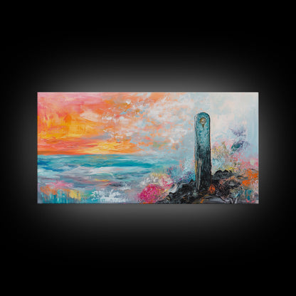 Sunset Over Ocean, pink orange wall art, coastal wall art, abstract seascape, vibrant landscape painting, Framed Canvas Print
