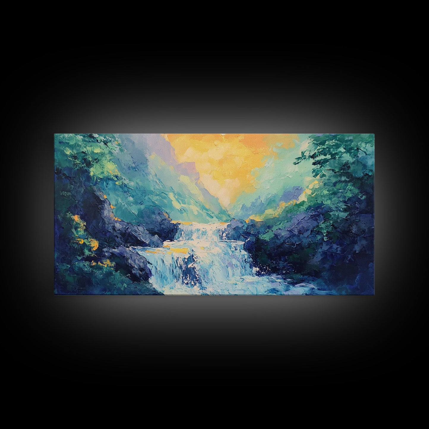 Waterfall Painting, Canvas Print, mountain painting, extra wide painting, nature landscape art, panoramic art, bedroom wall art