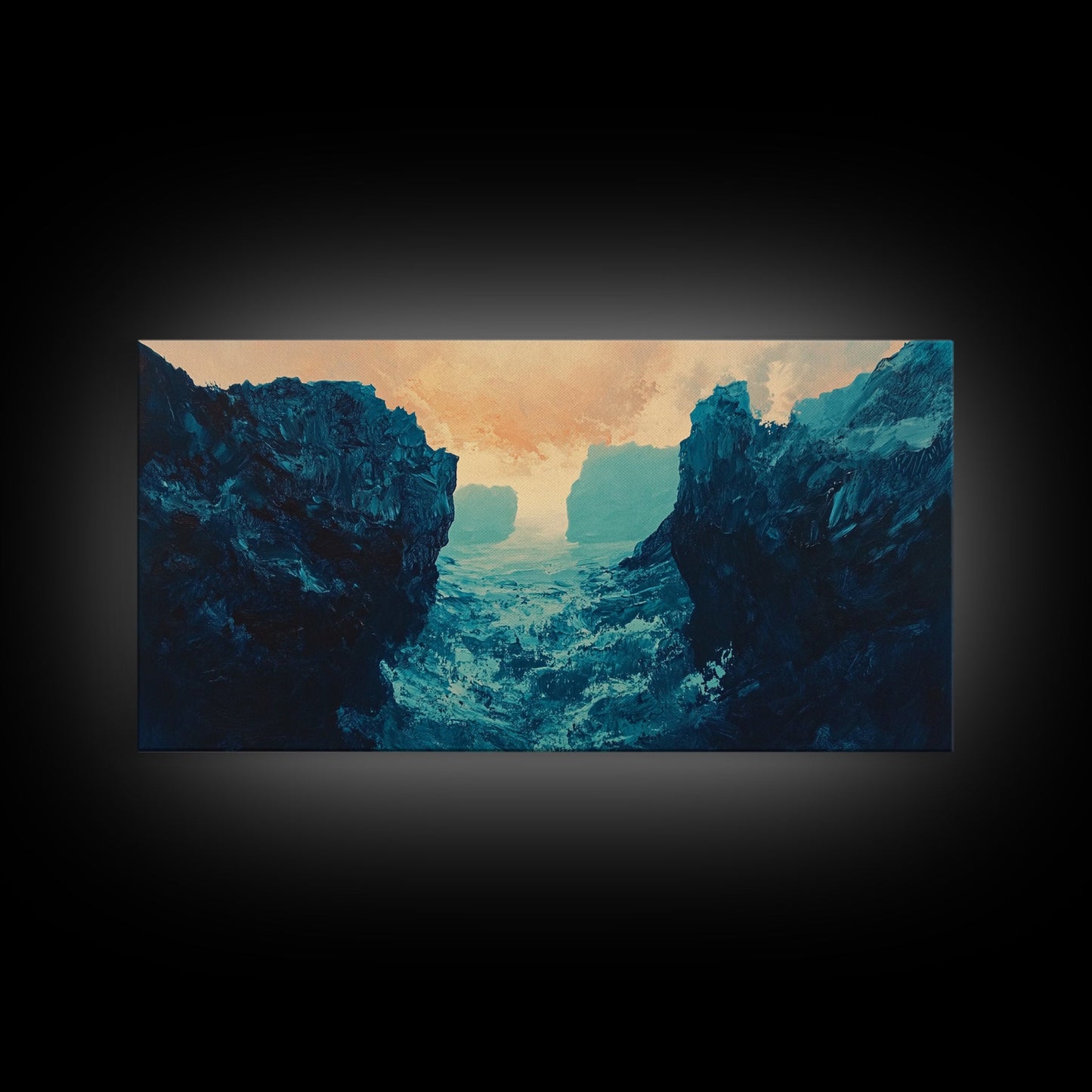 Moody Landscape, dramatic canyon, abstract oil painting, blue and green wall art, panoramic art, Framed Canvas Print, extra wide art