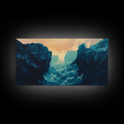 Moody Landscape, dramatic canyon, abstract oil painting, blue and green wall art, panoramic art, Framed Canvas Print, extra wide art