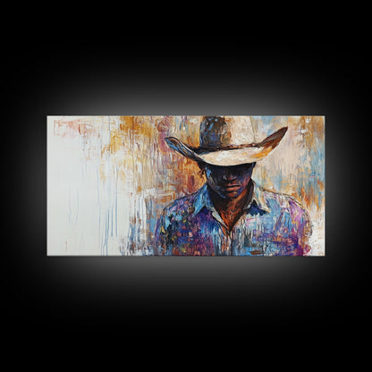 Western Cowboy, black cowgirl painting, rustic wall art, moody art, textured painting, cowboy hat art, farmhouse decor, Canvas Print