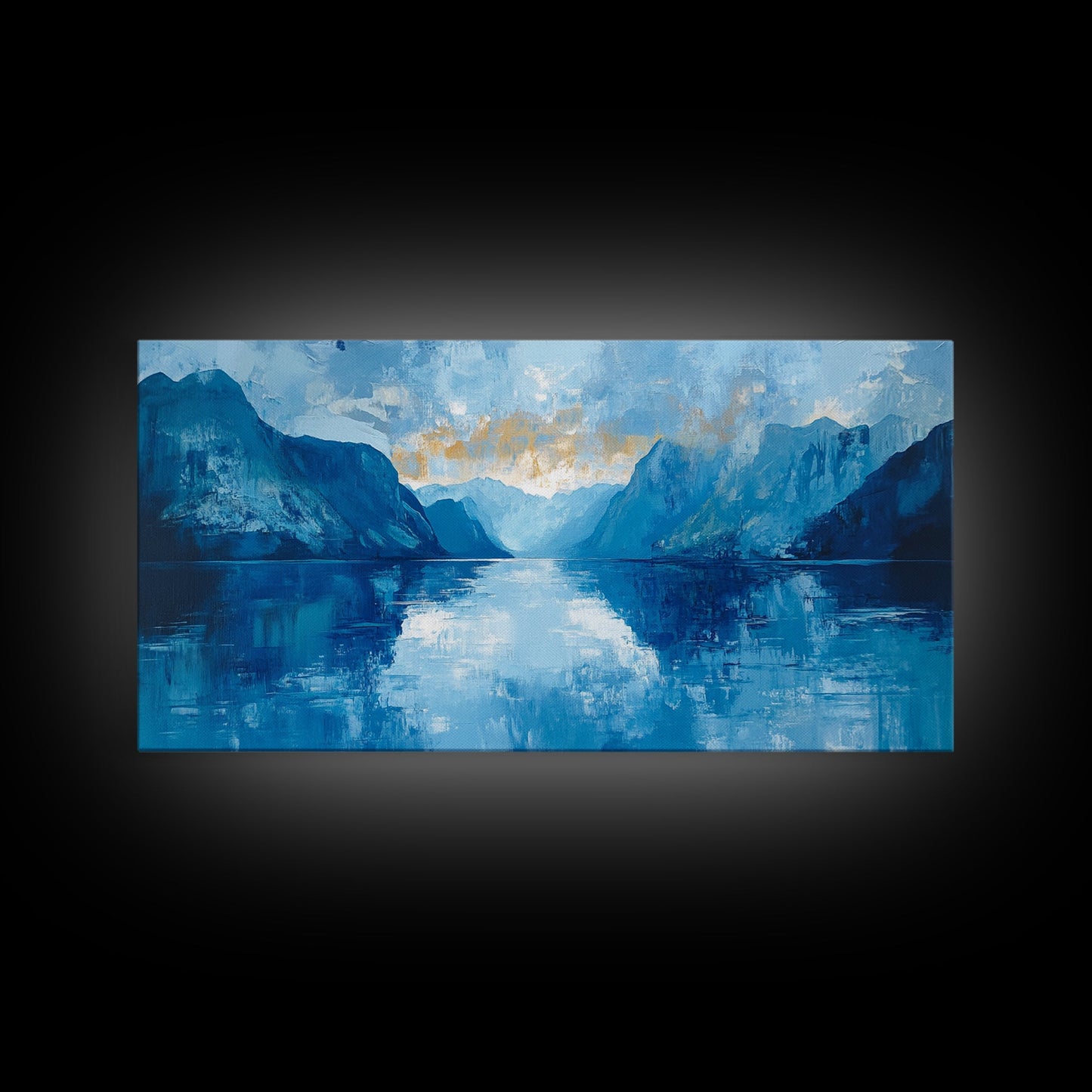 Fjord Painting, Blue and Green Wall Art, Lake Tahoe Art, Nautical Wall Art, Extra Wide Art, Panoramic Painting, Framed Canvas Print