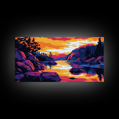 Golden Sunset, Rocky River, Mountain Reflection, Canvas Print, Rustic Lodge Wall Art, Autumn Home Decor, Warm Nature Painting, Colorful Art