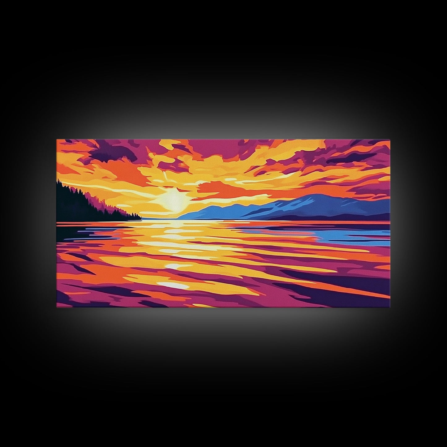 Sunset Glow, Serene Lake Reflection, Mountain Landscape Art, Vibrant Sky Painting, Framed Canvas Print, Office Wall Decor, Modern Home Art