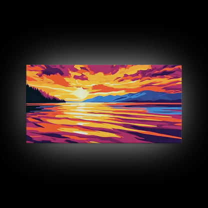 Sunset Glow, Serene Lake Reflection, Mountain Landscape Art, Vibrant Sky Painting, Framed Canvas Print, Office Wall Decor, Modern Home Art