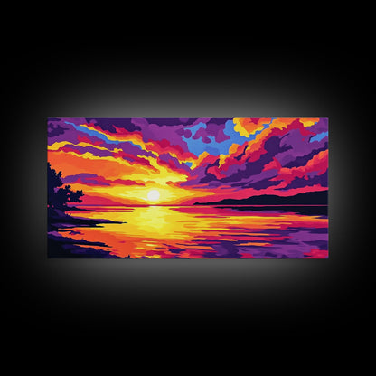 Dramatic Beach Sunset, Vibrant Sky Art, Colorful Coastal Print, Bold Nature Painting, Modern Home Wall Decor, Framed Canvas Print