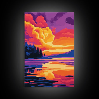 Tranquil Lake, Vibrant Sunset, Reflection Art, Serene Scene, Framed Canvas Print, Living Room Wall Art, Nature Decor, Landscape Painting