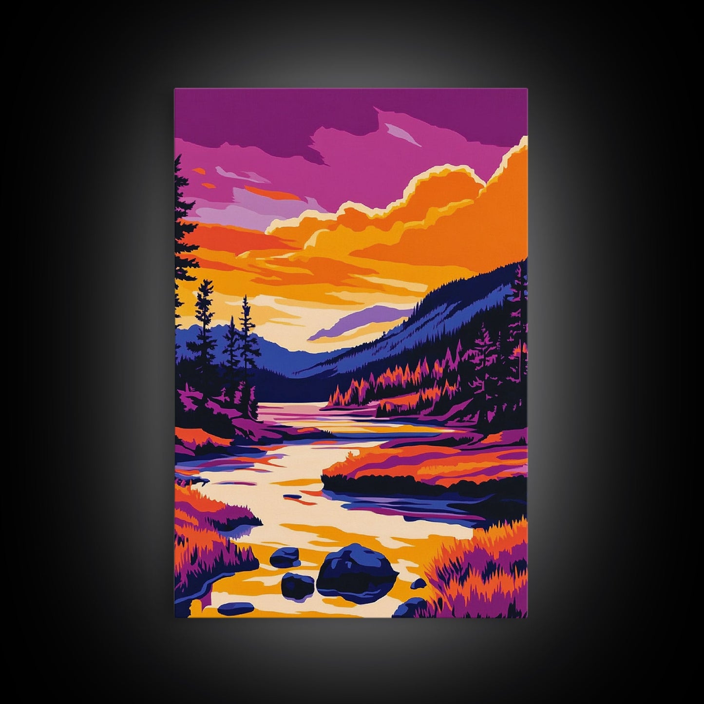 Sunset Lake Art, Colorful Nature Painting, Vibrant Landscape Canvas Print, Cabin Wall Decor, Rustic Home Art, Autumn Boho Wall Art