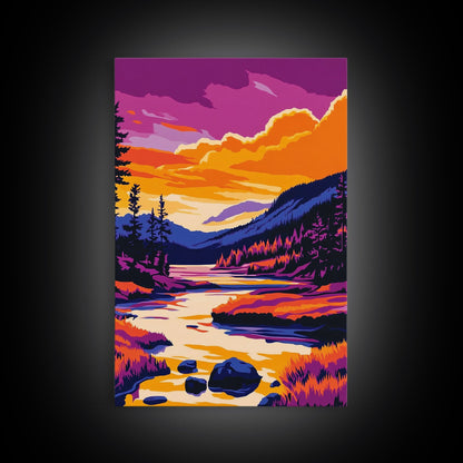 Sunset Lake Art, Colorful Nature Painting, Vibrant Landscape Canvas Print, Cabin Wall Decor, Rustic Home Art, Autumn Boho Wall Art