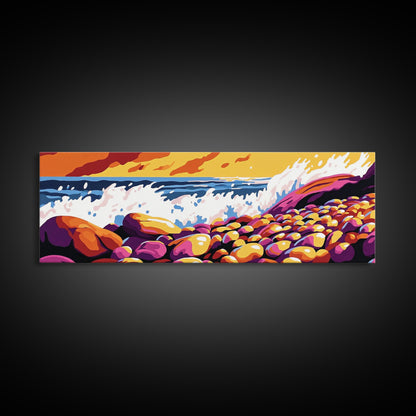 Ocean Waves, Rocky Shore, Coastal Landscape, Framed Canvas Print, Nautical Wall Art, Beach House Decor, Vibrant Seascape, Living Room Art